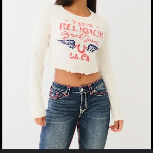 NWT True Religion DISTRESSED LOGO LONG SLEEVE BABY TEE XS - Picture 1 of 9
